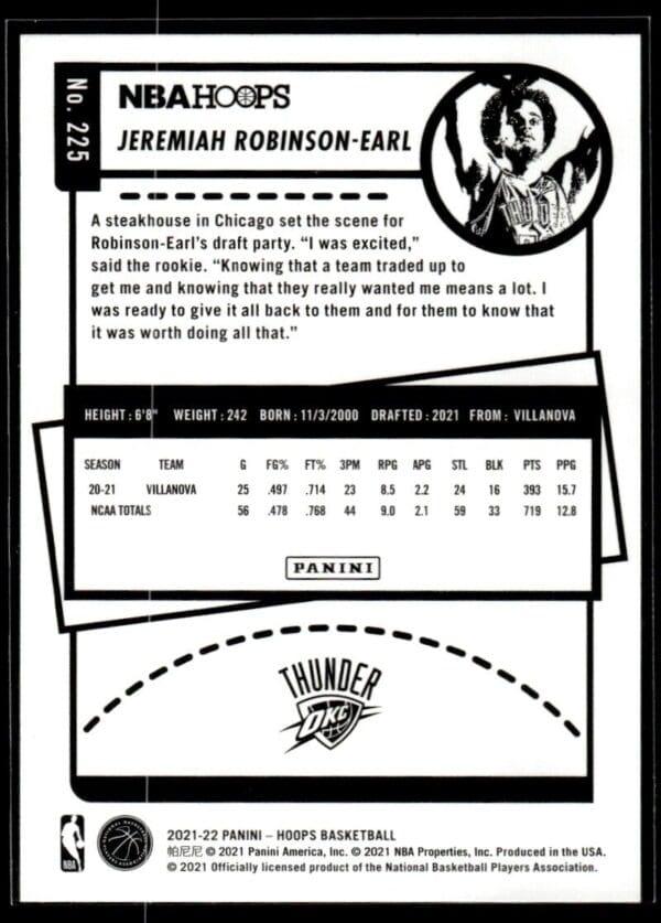 2021 NBA Hoops Oklahoma City Thunder #225 Jeremiah Robinson-Earl RC Rookie