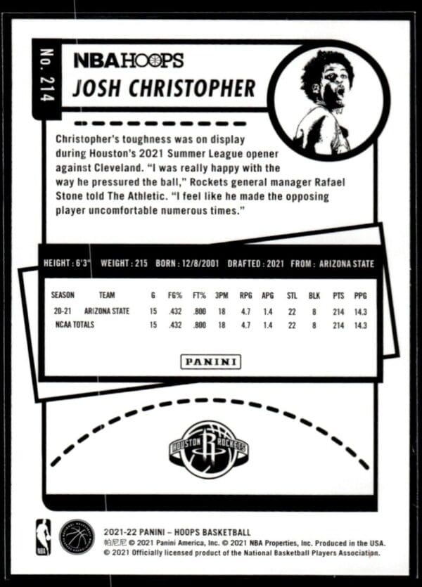 _10 2021 NBA Hoops Houston Rockets #214 Josh Christopher RC Rookie
