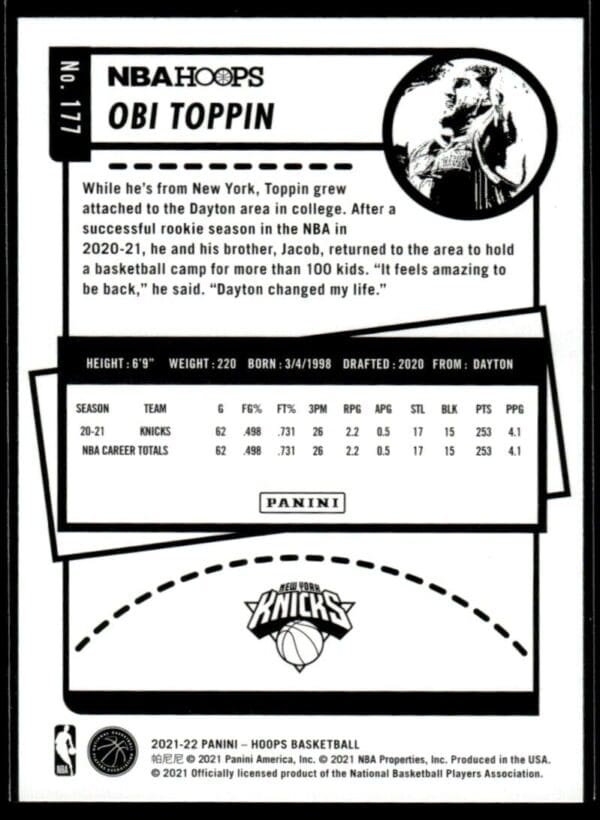2021 NBA Hoops New York Knicks #177 Obi Toppin