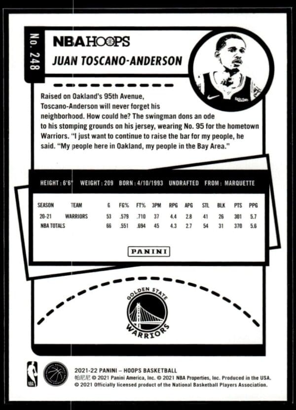 2021 NBA Hoops Golden State Warriors #248 Juan Toscano-Anderson RC Rookie