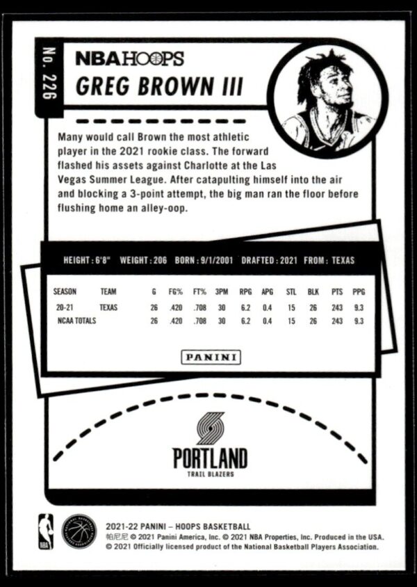 2021 NBA Hoops Portland Trail Blazers #226 Greg Brown III RC Rookie