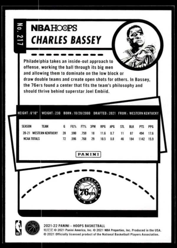 2021 NBA Hoops Philadelphia 76ers #217 Charles Bassey RC Rookie