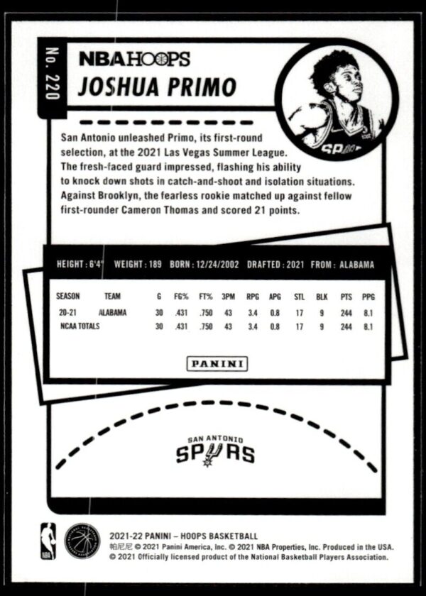 _10 2021 NBA Hoops San Antonio Spurs #220 Joshua Primo RC Rookie