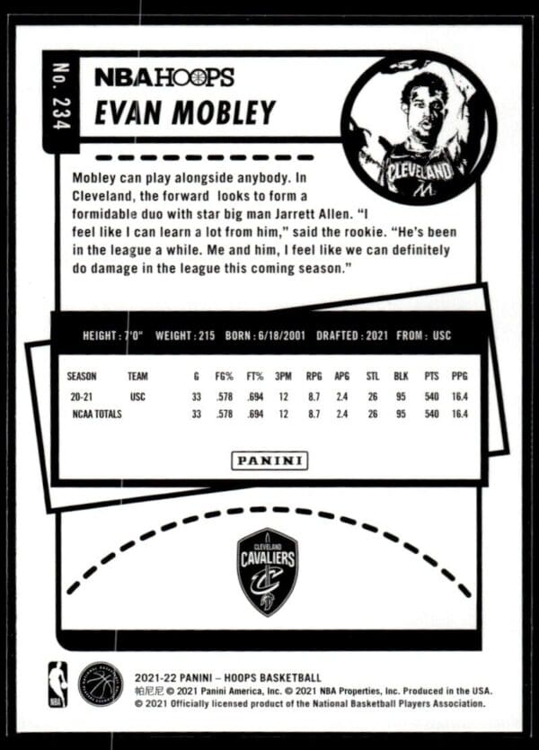 2021 NBA Hoops Cleveland Cavaliers #234 Evan Mobley RC Rookie