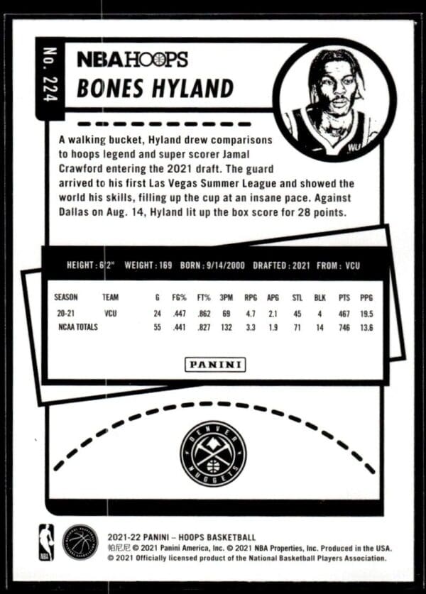 _10 2021 NBA Hoops Denver Nuggets #224 Bones Hyland RC Rookie