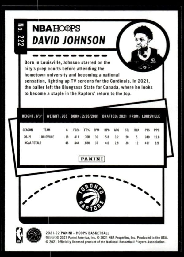 _10 2021 NBA Hoops Toronto Raptors #222 David Johnson RC Rookie
