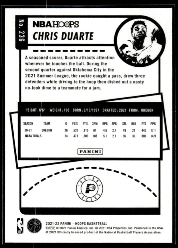 _10 2021 NBA Hoops Indiana Pacers #236 Chris Duarte RC Rookie