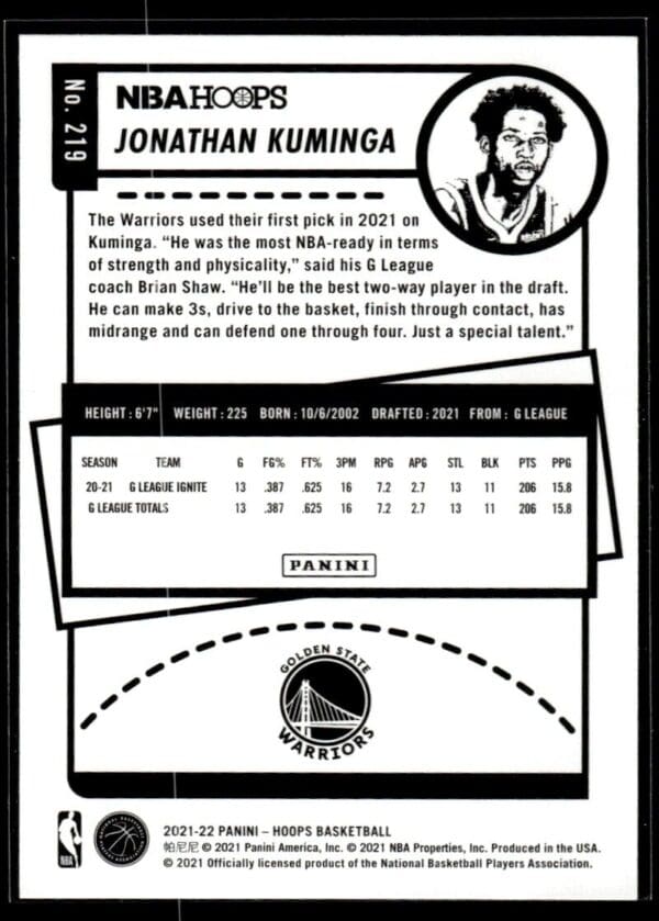 _10 2021 NBA Hoops Golden State Warriors #219 Jonathan Kuminga RC Rookie