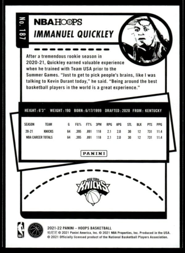 2021 NBA Hoops New York Knicks #187 Immanuel Quickley