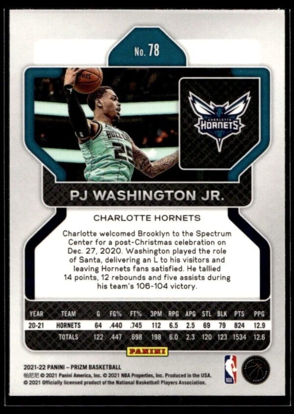 _10 2021 Panini Prizm Charlotte Hornets #78 PJ Washington Jr.