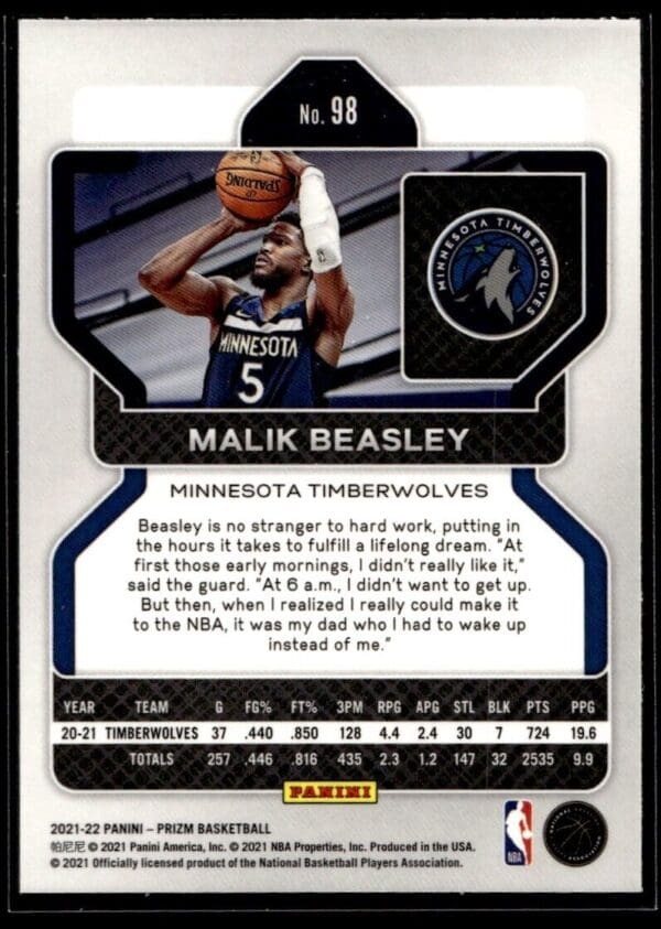 2021 Panini Prizm Minnesota Timberwolves #98 Malik Beasley