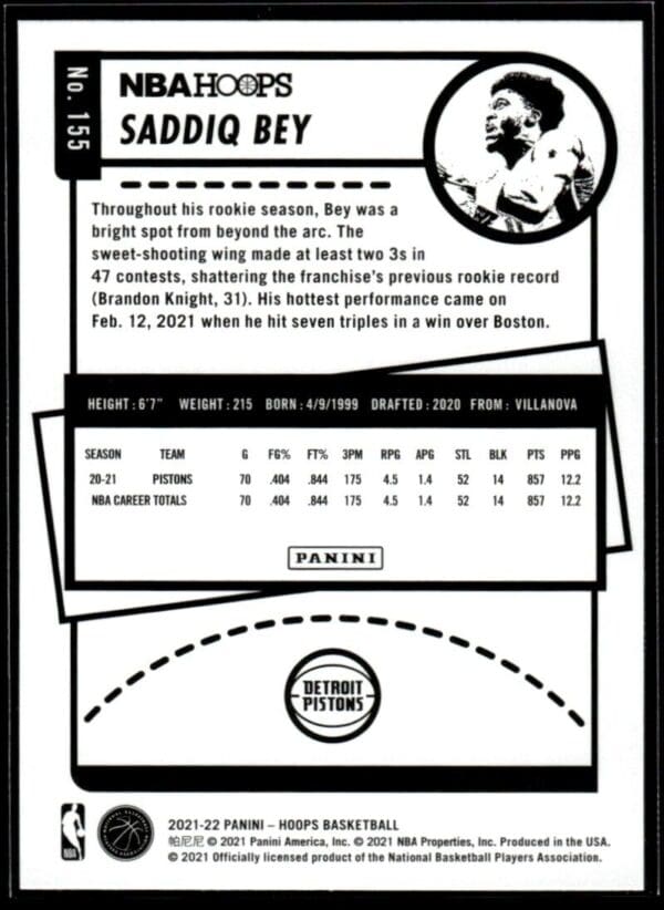 2021 NBA Hoops Detroit Pistons #155 Saddiq Bey
