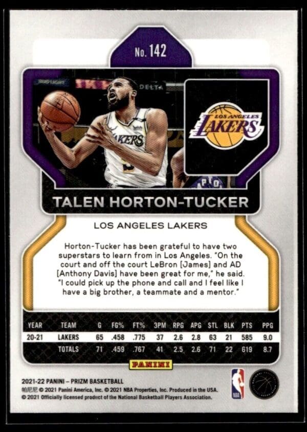 2021 Panini Prizm Los Angeles Lakers #142 Talen Horton-Tucker