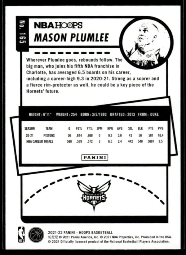 2021 NBA Hoops Charlotte Hornets #165 Mason Plumlee
