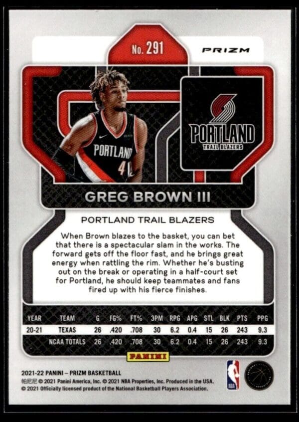 _10 2021 Panini Prizm Portland Trail Blazers #291 Greg Brown III RC Rookie Green