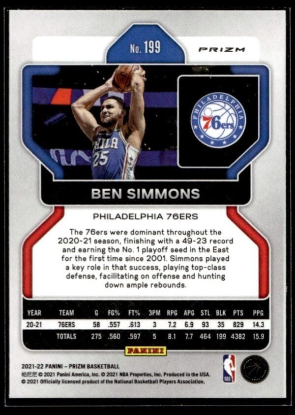 2021 Panini Prizm Philadelphia 76ers #199 Ben Simmons Silver