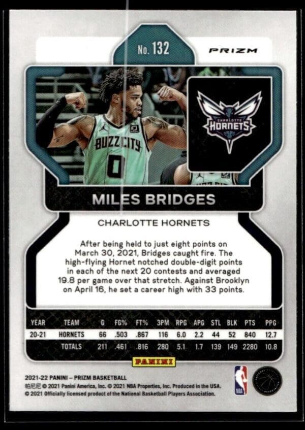 2021 Panini Prizm Cracked Ice Charlotte Hornets #132 Miles Bridges