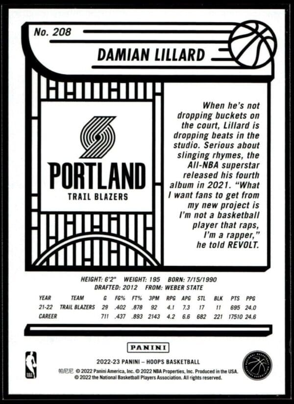 _10 2022 Hoops Portland Trail Blazers #208 Damian Lillard