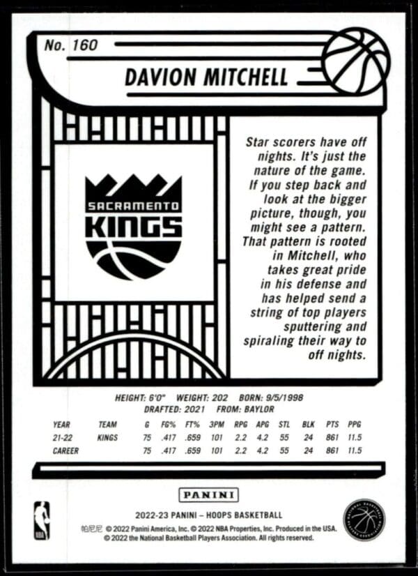 2022 Hoops Sacramento Kings #160 Davion Mitchell