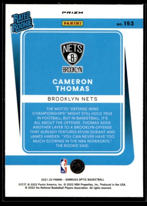 _10 2021 Donruss Optic Brooklyn Nets #153 Cameron Thomas RC Rookie Holo