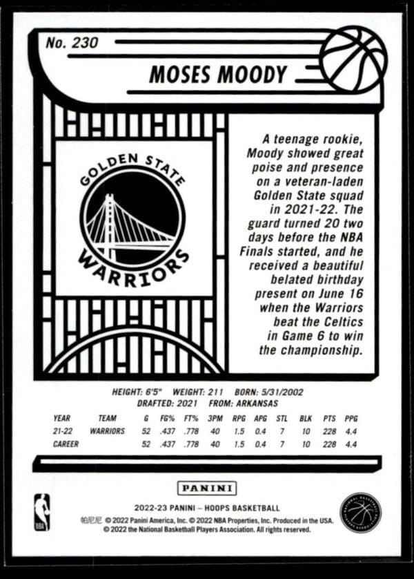 2022 Hoops Golden State Warriors #230 Moses Moody
