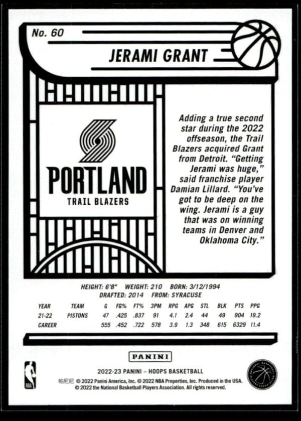 2022 Hoops Portland Trail Blazers #60 Jerami Grant