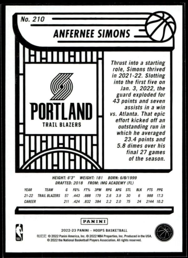 _10 2022 Hoops Portland Trail Blazers #210 Anfernee Simons