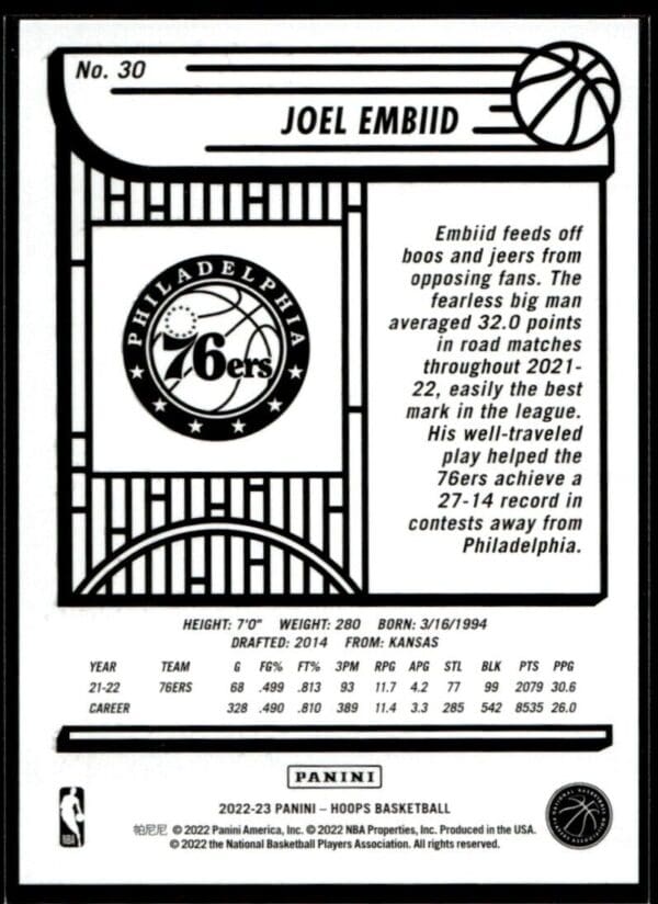 2022 Hoops Philadelphia 76ers #30 Joel Embiid
