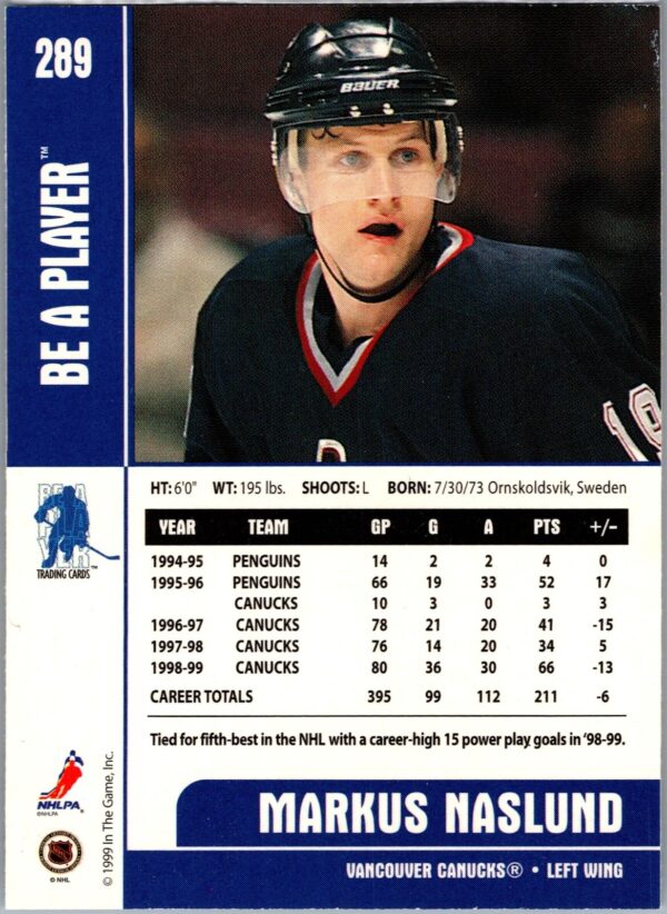 1999 Be a Player Memorabilia Vancouver Canucks #289 Markus Naslund
