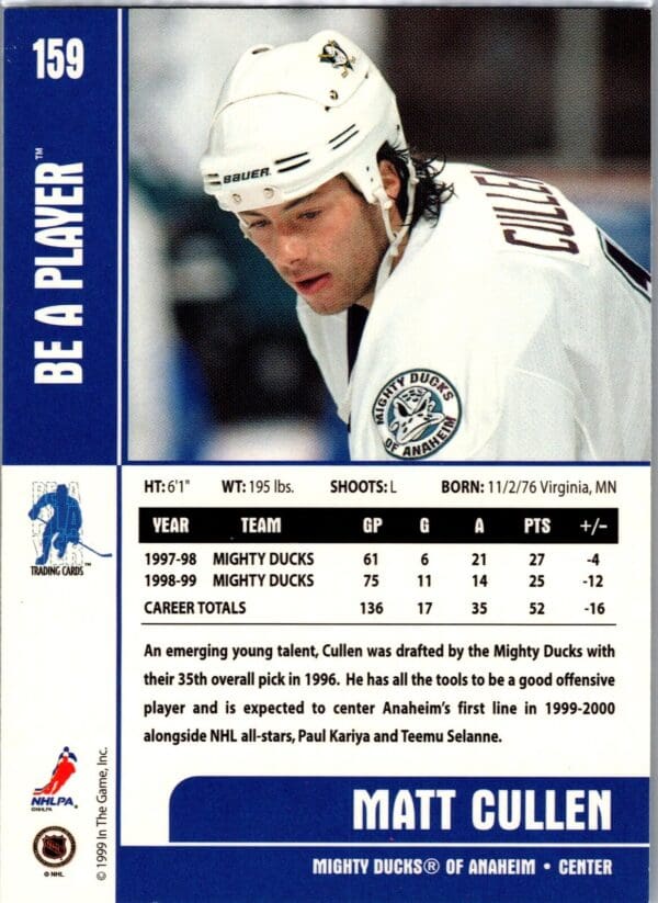 1999 Be a Player Memorabilia Anaheim Mighty Ducks #159 Matt Cullen