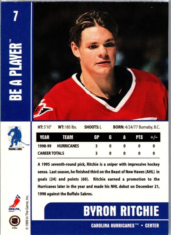 1999 Be a Player Memorabilia Carolina Hurricanes #7 Byron Ritchie RC Rookie