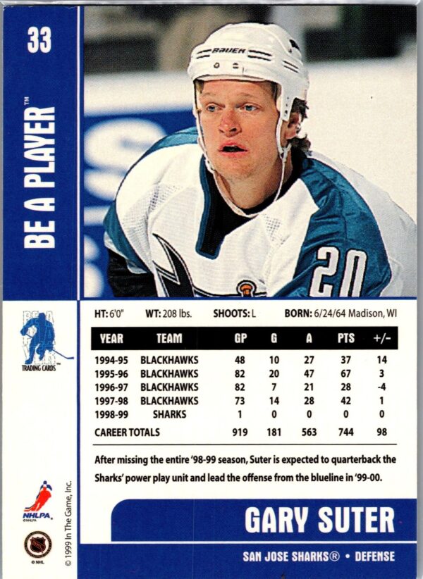 1999 Be a Player Memorabilia San Jose Sharks #33 Gary Suter
