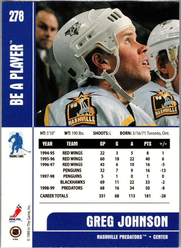 _10 1999 Be a Player Memorabilia Nashville Predators #278 Greg Johnson