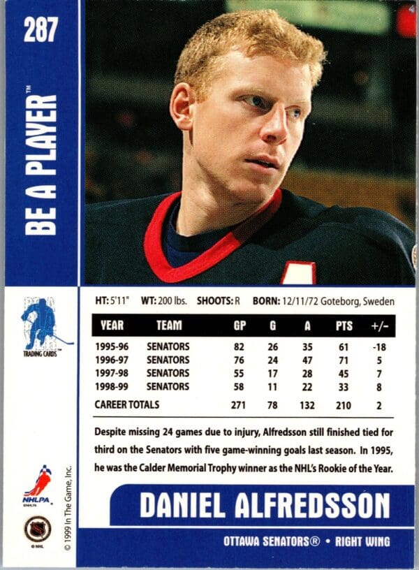 1999 Be a Player Memorabilia Ottawa Senators #287 Daniel Alfredsson
