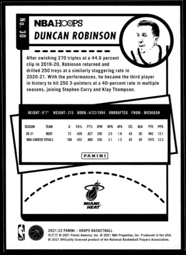 2021 NBA Hoops Miami Heat #30 Duncan Robinson