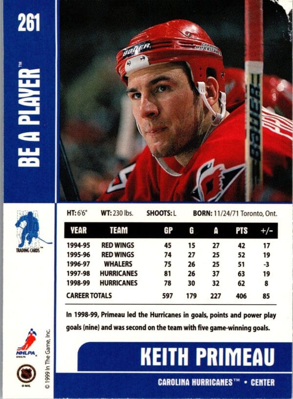 _10 1999 Be a Player Memorabilia Carolina Hurricanes #261 Keith Primeau