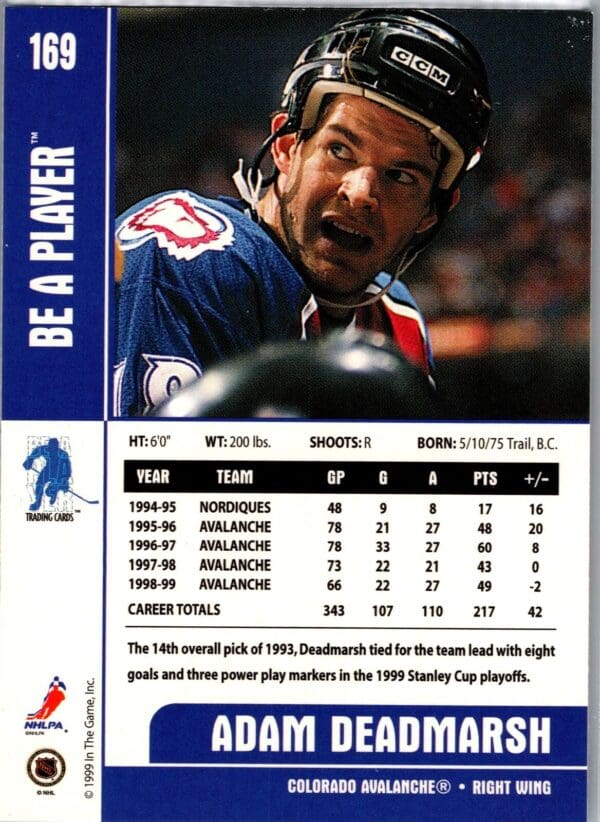 _10 1999 Be a Player Memorabilia Colorado Avalanche #169 Adam Deadmarsh
