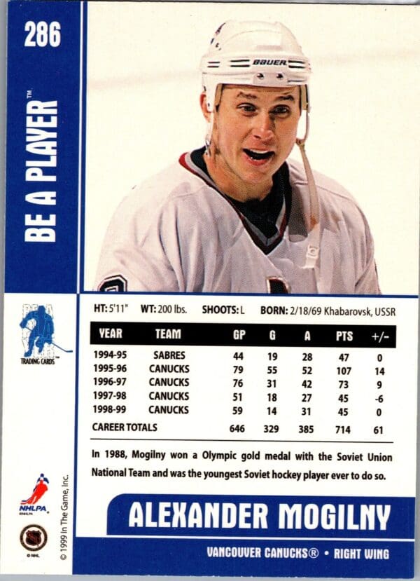 1999 Be a Player Memorabilia Vancouver Canucks #286 Alexander Mogilny