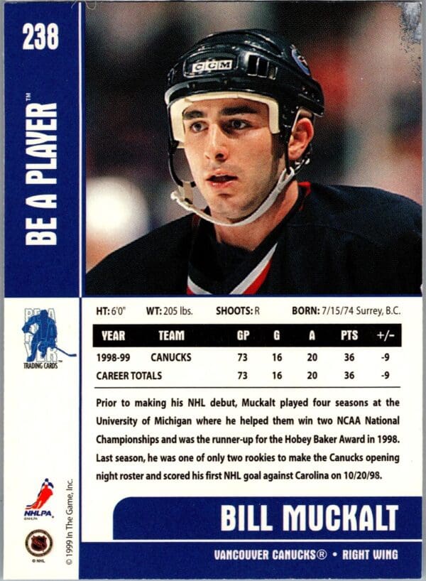 1999 Be a Player Memorabilia Vancouver Canucks #238 Bill Muckalt