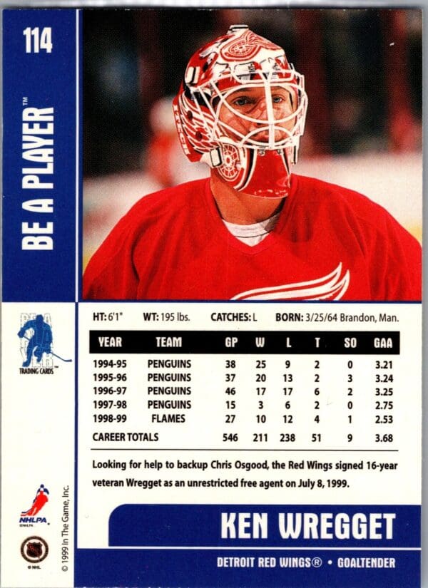 1999 Be a Player Memorabilia Detroit Red Wings #114 Ken Wregget