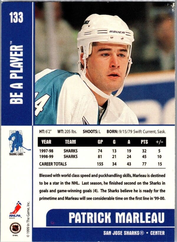 _10 1999 Be a Player Memorabilia San Jose Sharks #133 Patrick Marleau