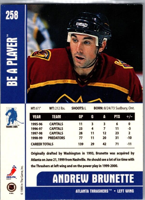 _10 1999 Be a Player Memorabilia Atlanta Thrashers #258 Andrew Brunette