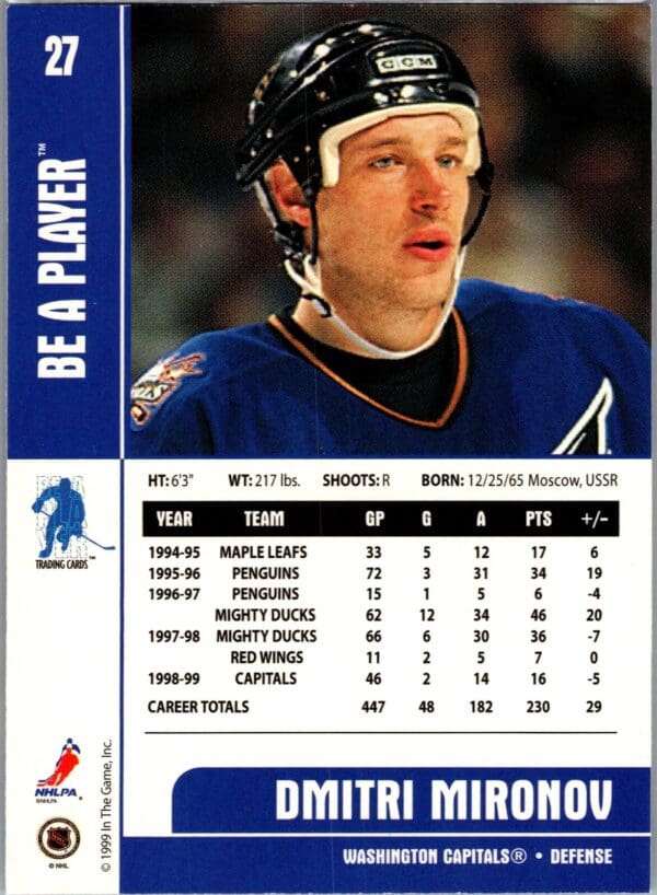 _10 1999 Be a Player Memorabilia Washington Capitals #27 Dmitri Mironov