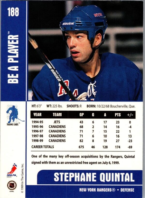 1999 Be a Player Memorabilia New York Rangers #188 Stephane Quintal