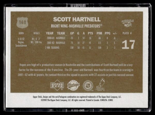 2002 Upper Deck Vintage Nashville Predators #140 Scott Hartnell