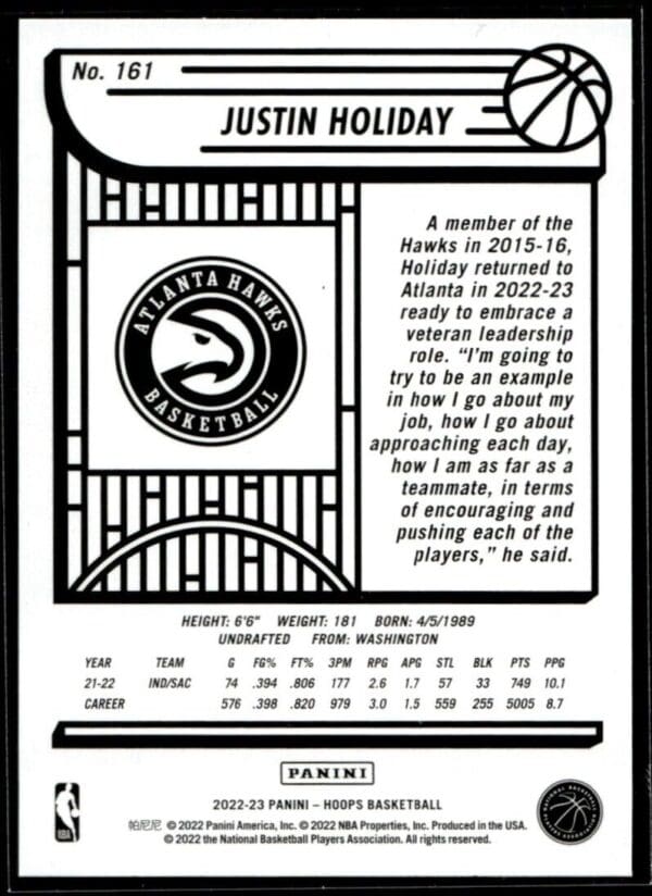 _10 2022 Hoops Atlanta Hawks #161 Justin Holiday