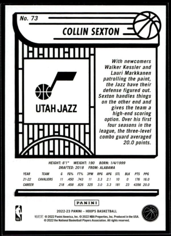 2022 Hoops Utah Jazz #73 Collin Sexton