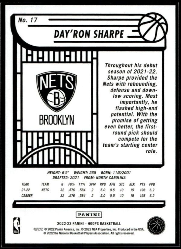 _10 2022 Hoops Brooklyn Nets #17 Day'Ron Sharpe