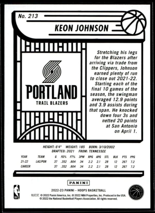 2022 Hoops Portland Trail Blazers #213 Keon Johnson