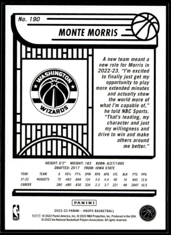 2022 Hoops Washington Wizards #190 Monte Morris